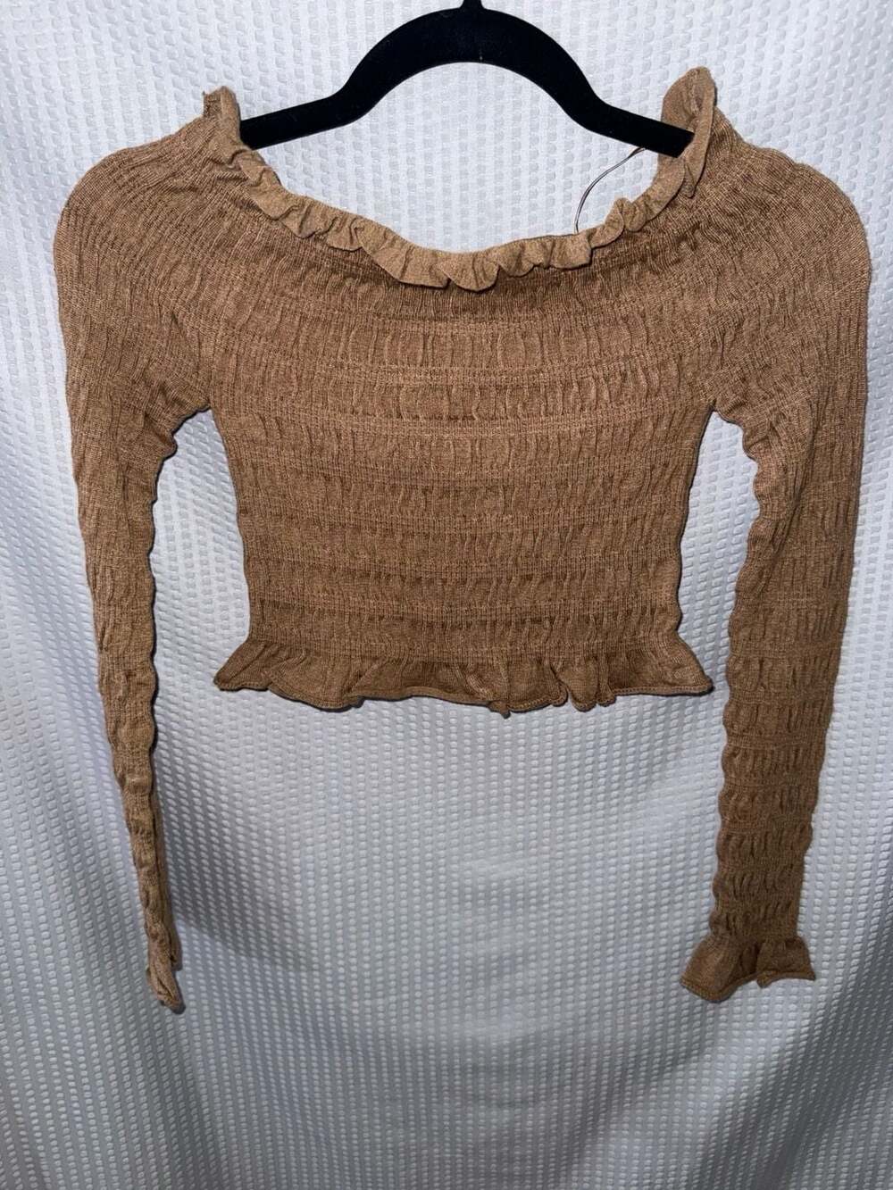 Miou Muse Brown Smocked Off-Shoulder Long Sleeve Crop Top Size S